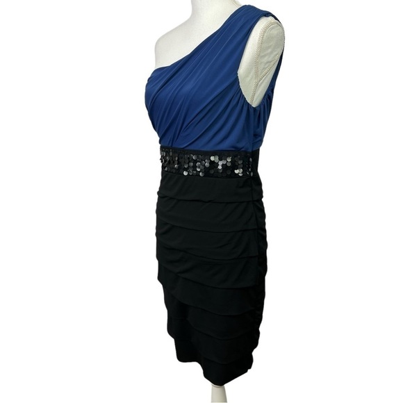 NWT Studio Y Women’s One Shoulder Dress Sz Medium Blue/Black Sequins Side Zipper - Picture 3 of 16